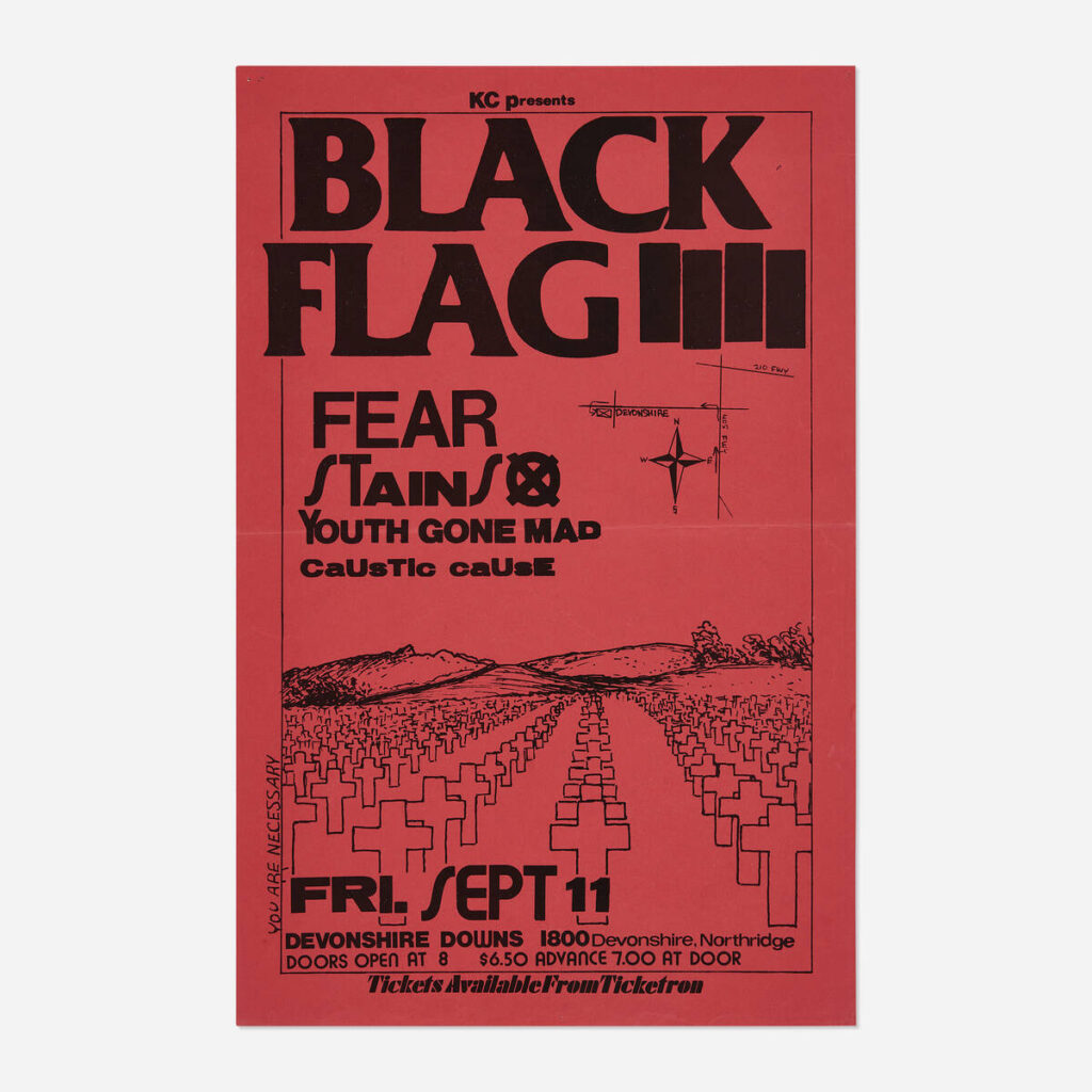 Flyers and art from the 80s California hardcore punk scene by illustrator and frequent Black Flag collaborator Raymond Pettibon