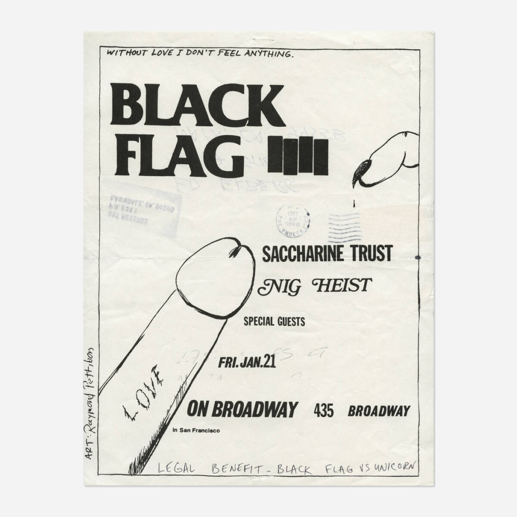 Flyers and art from the 80s California hardcore punk scene by illustrator and frequent Black Flag collaborator Raymond Pettibon