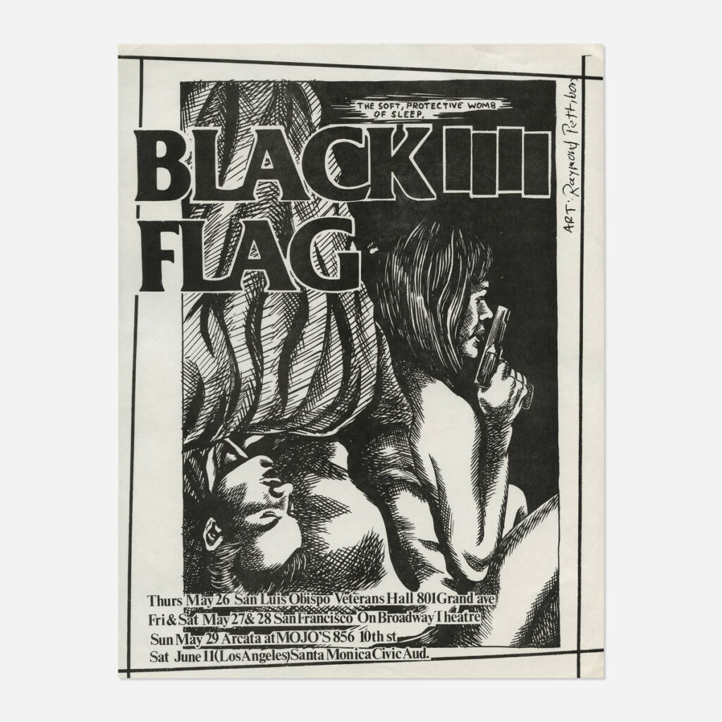 Flyers and art from the 80s California hardcore punk scene by illustrator and frequent Black Flag collaborator Raymond Pettibon