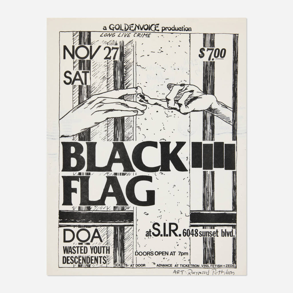Flyers and art from the 80s California hardcore punk scene by illustrator and frequent Black Flag collaborator Raymond Pettibon