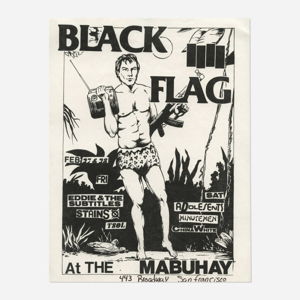 Flyers and art from the 80s California hardcore punk scene by illustrator and frequent Black Flag collaborator Raymond Pettibon