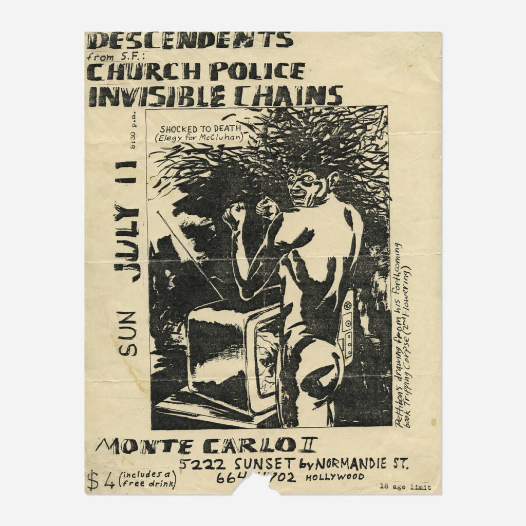 Flyers and art from the 80s California hardcore punk scene by illustrator and frequent Black Flag collaborator Raymond Pettibon