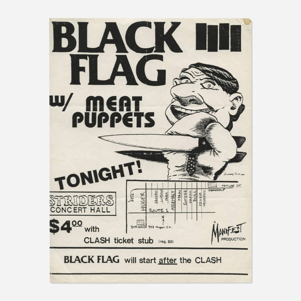 Flyers and art from the 80s California hardcore punk scene by illustrator and frequent Black Flag collaborator Raymond Pettibon