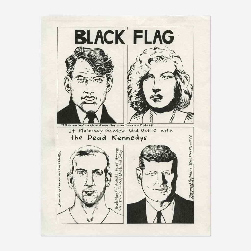 Flyers and art from the 80s California hardcore punk scene by illustrator and frequent Black Flag collaborator Raymond Pettibon