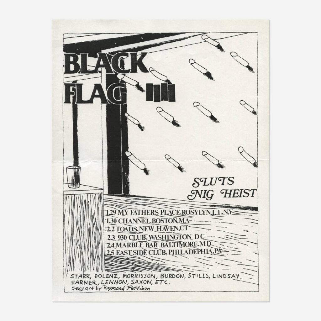 Flyers and art from the 80s California hardcore punk scene by illustrator and frequent Black Flag collaborator Raymond Pettibon