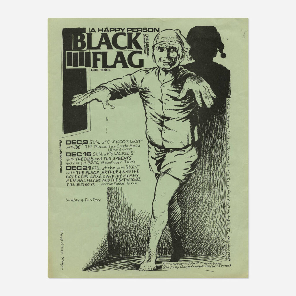 Flyers and art from the 80s California hardcore punk scene by illustrator and frequent Black Flag collaborator Raymond Pettibon