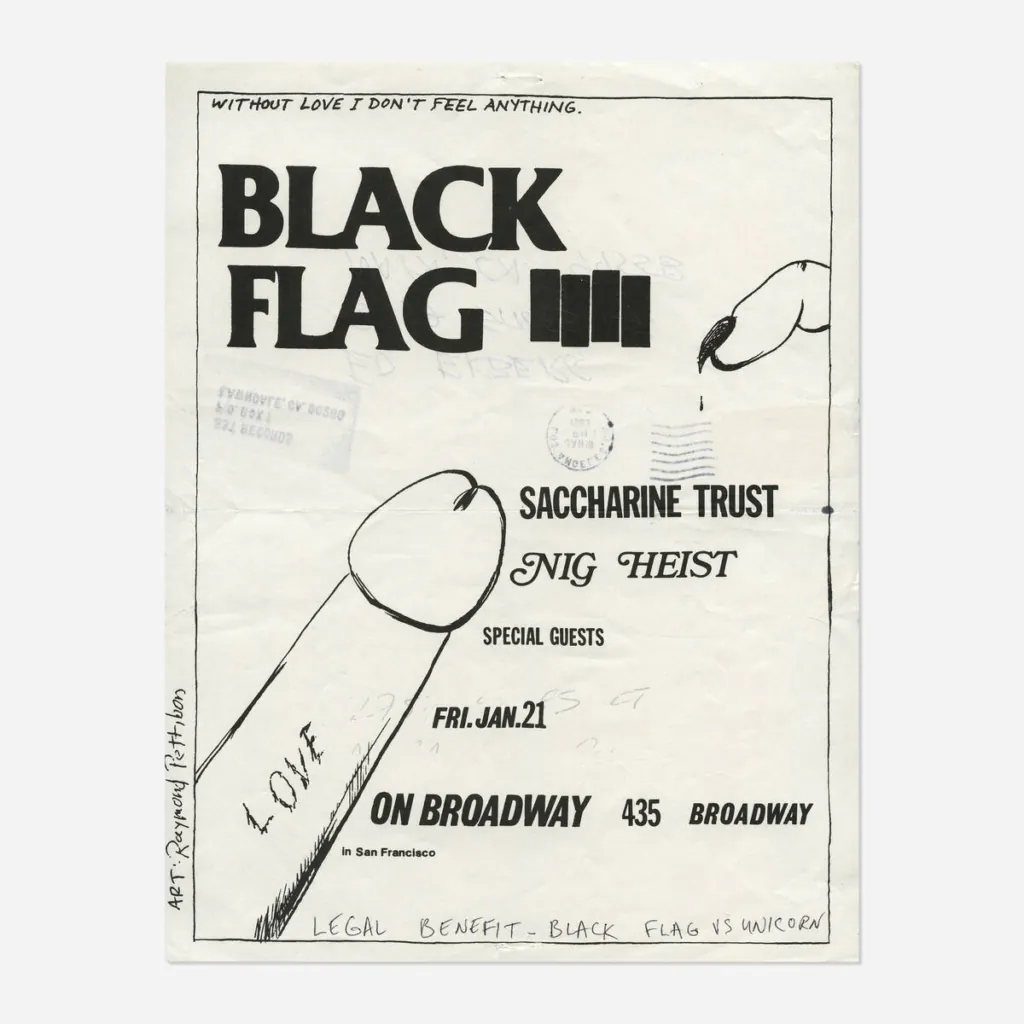 Flyers and art from the 80s California hardcore punk scene by illustrator and Black Flag collaborator Raymond Pettibon