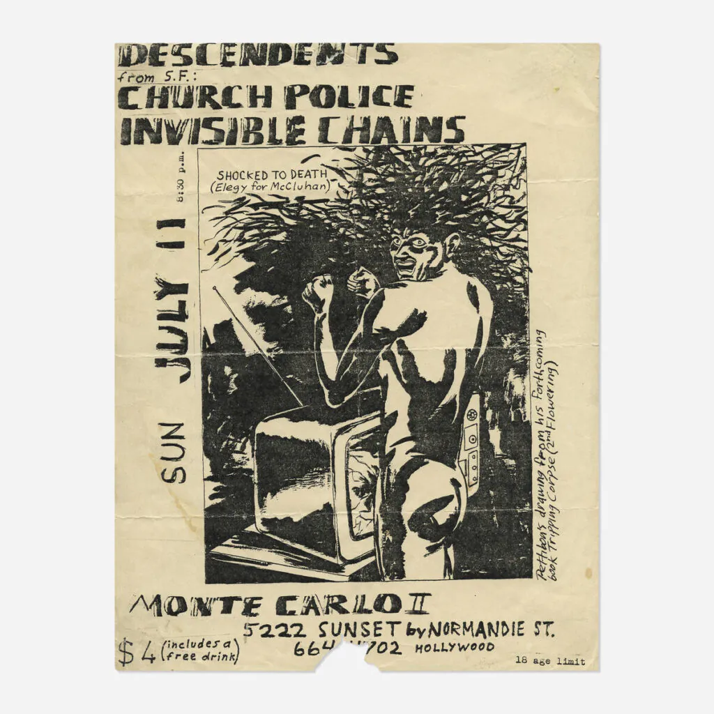 Flyers and art from the 80s California hardcore punk scene by illustrator and Black Flag collaborator Raymond Pettibon