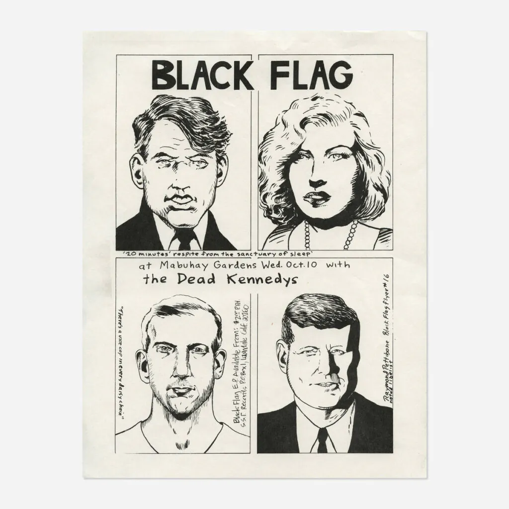 Flyers and art from the 80s California hardcore punk scene by illustrator and Black Flag collaborator Raymond Pettibon