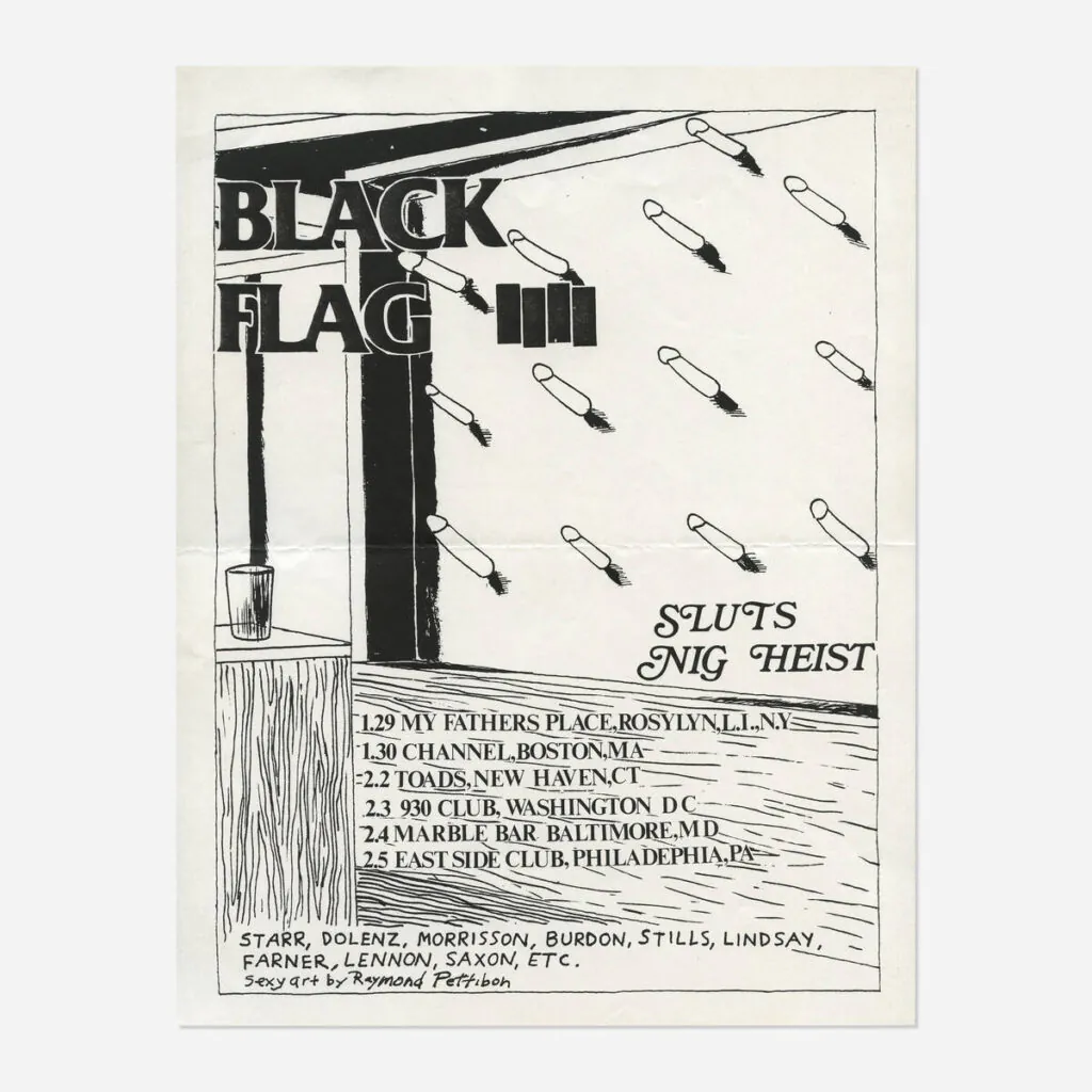 Flyers and art from the 80s California hardcore punk scene by illustrator and Black Flag collaborator Raymond Pettibon