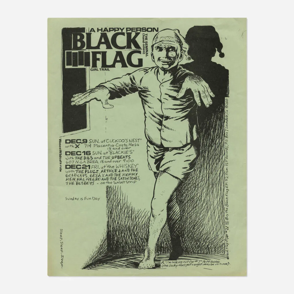 Flyers and art from the 80s California hardcore punk scene by illustrator and Black Flag collaborator Raymond Pettibon